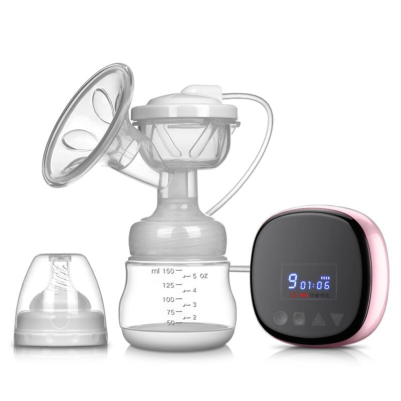 Rechargeable wearable breast pump in pink with milk collection bottle and digital display
