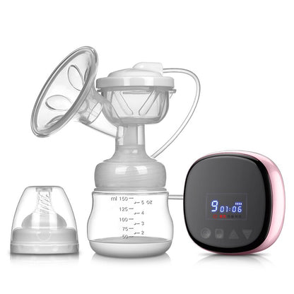 Rechargeable wearable breast pump in pink with milk collection bottle and digital display