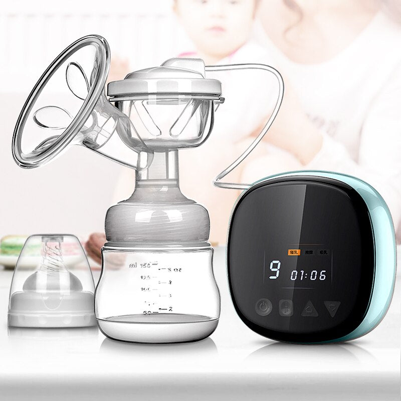 Sky blue rechargeable breast pump with silicone flange and digital control display.
