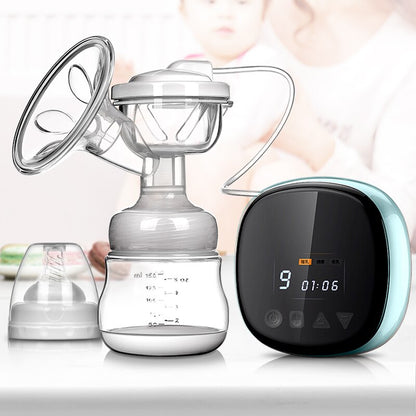Sky blue rechargeable breast pump with silicone flange and digital control display.