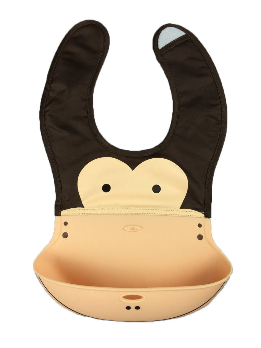 Close-up of silicone baby bib's deep catch pocket for trapping dropped food