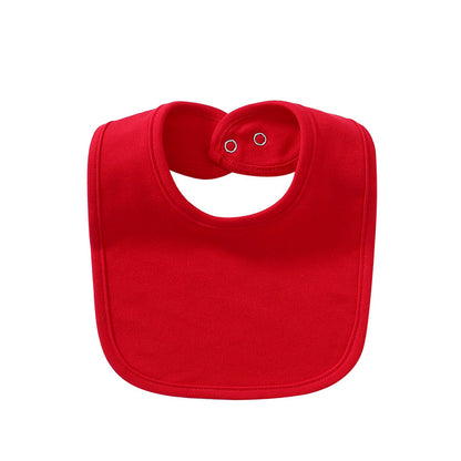 Red waterproof cotton baby bib with snap closure