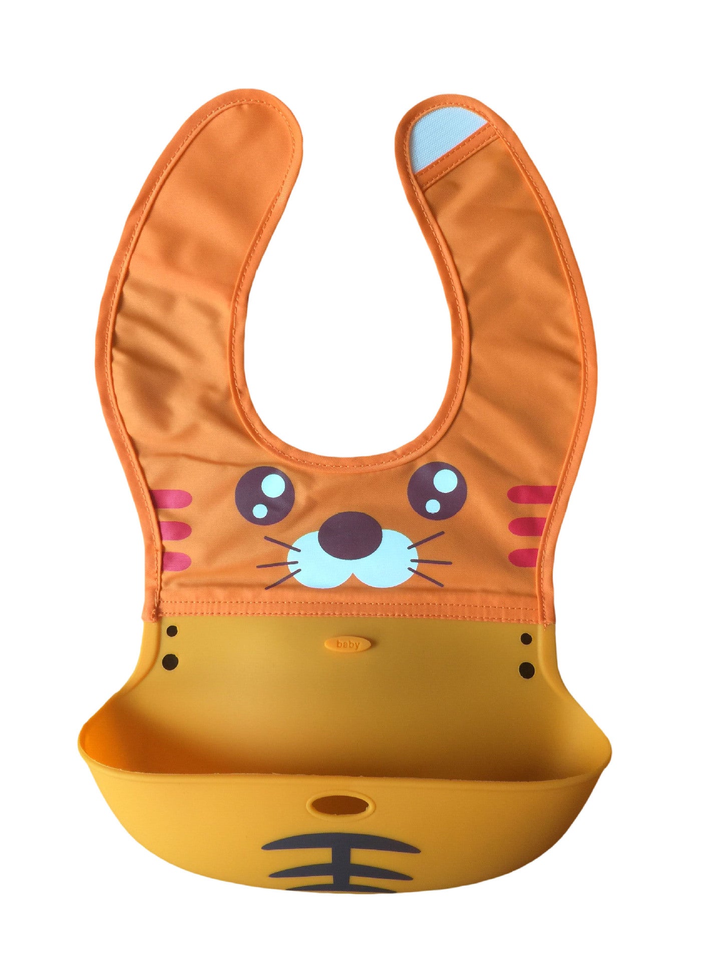 Silicone baby bib with brown monkey face design and adjustable snap closure