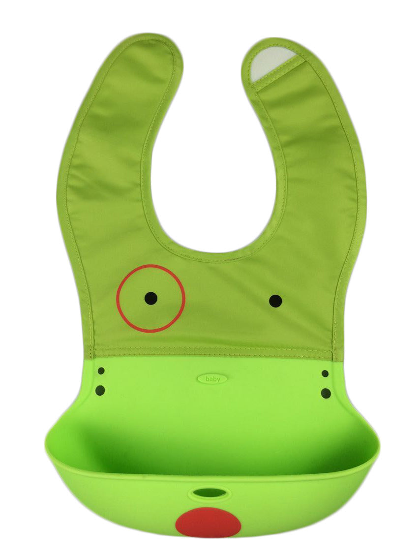 Baby wearing waterproof silicone bib with food-catching pocket during mealtime